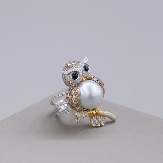 Diamond & Pearl Owl Ring